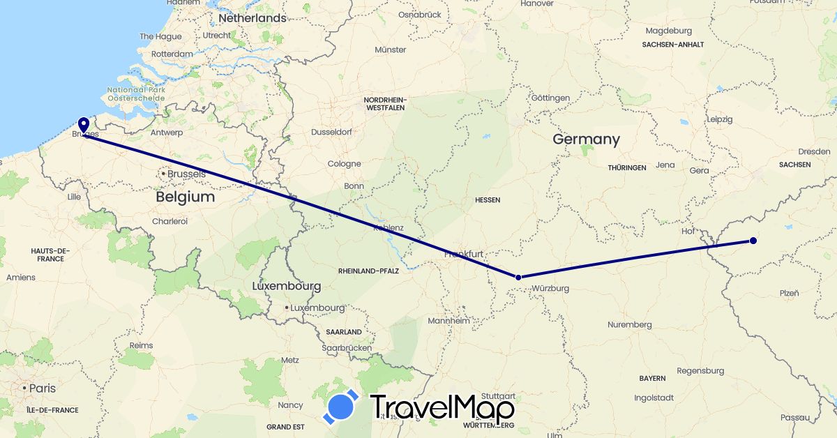 TravelMap itinerary: driving in Belgium, Czech Republic, Germany (Europe)